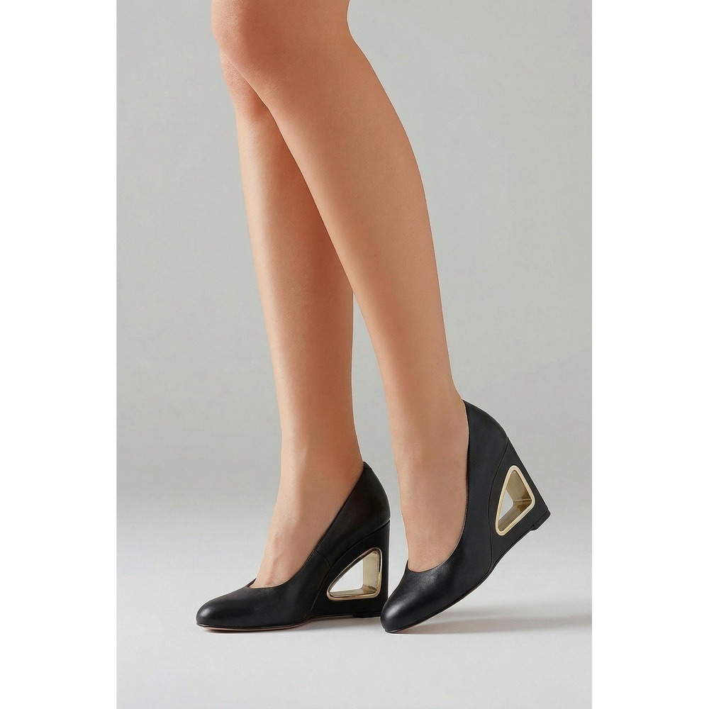 Katy Perry Hollow Wedge Pumps Black Square Toe Gold Heel Womens 8.5 - Picture 8 of 9